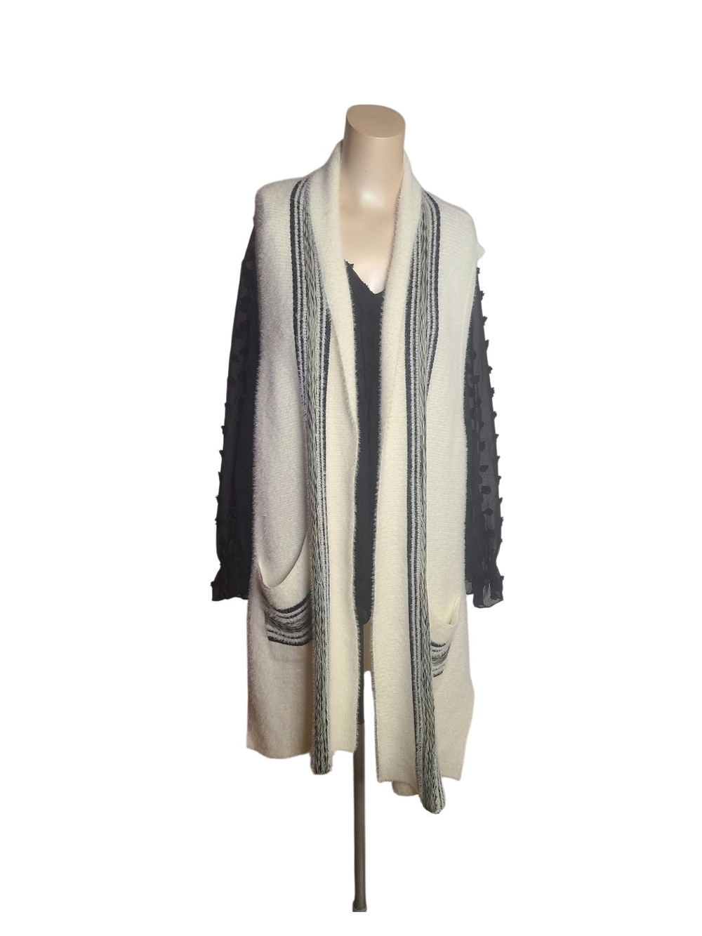 Simply Noelle White Fuzzy Open Front Long Vest L/XL